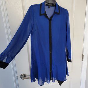 Jessica Simpson Semi Sheer Blue Button Dress Blouse Black Collar Shirt Size S
